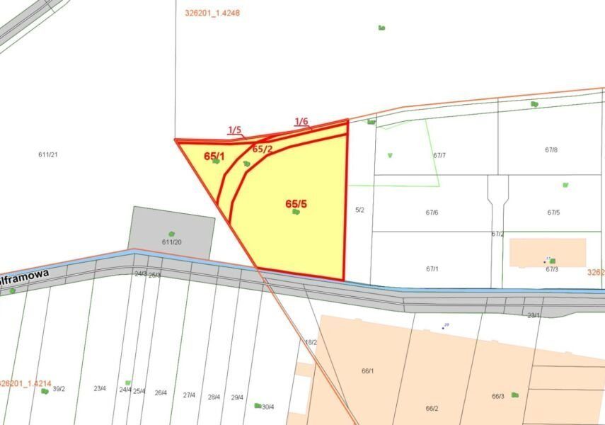 Teren inwestycyjny 2,06 ha – Działki nr 1/5, 1/6, 65/1, 65/2, 65/5 obręb 4014 ul. Wolframowa