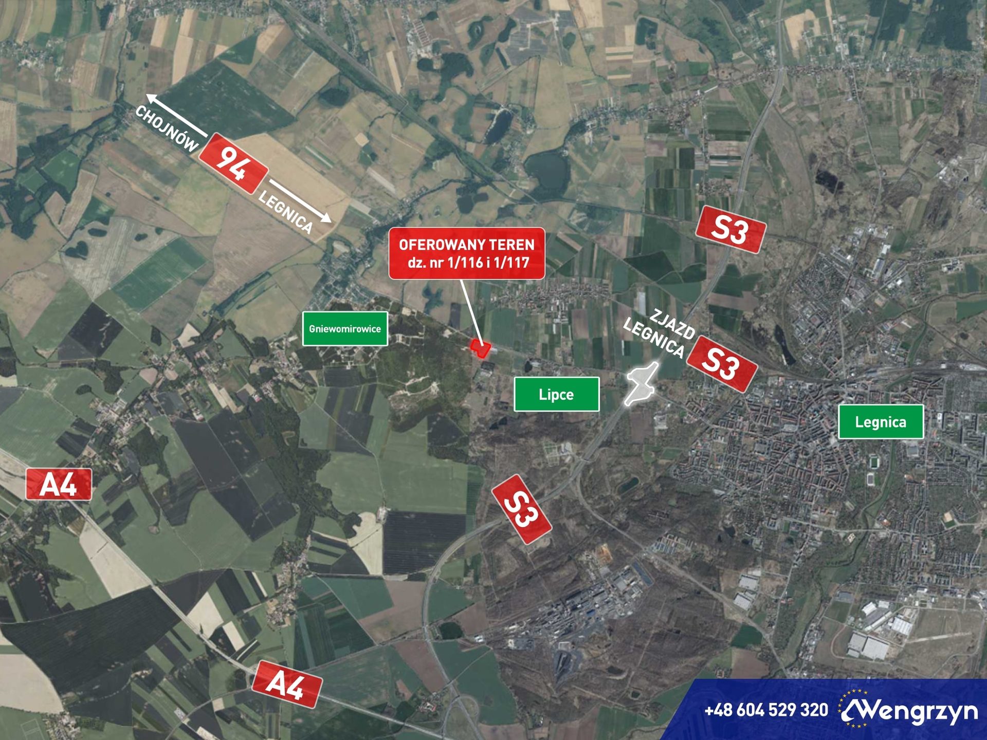 2 atrakcyjne działki przemysłowe przy drodze DK94, 2 km od Legnicy, przy S3
